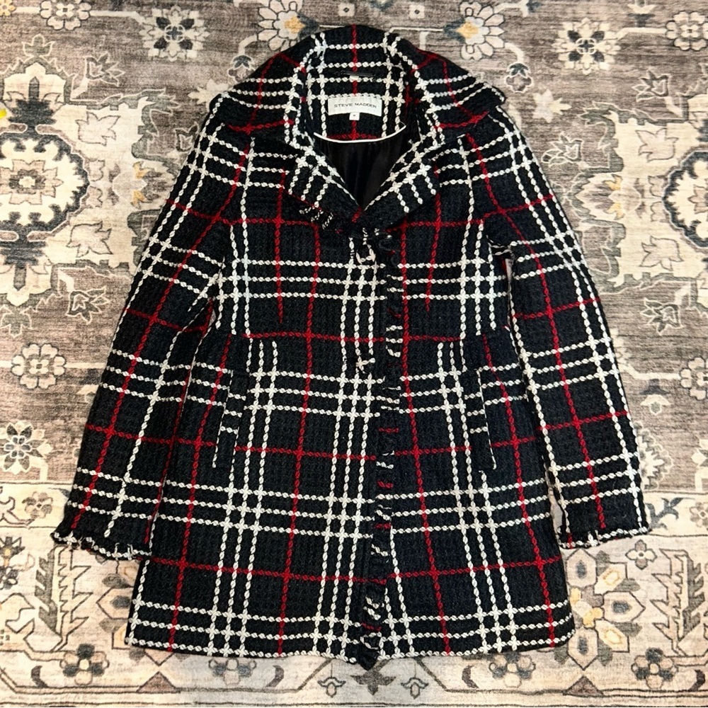 y2k plaid ruffle  Women's Coat - Black, Red, White wooo blend